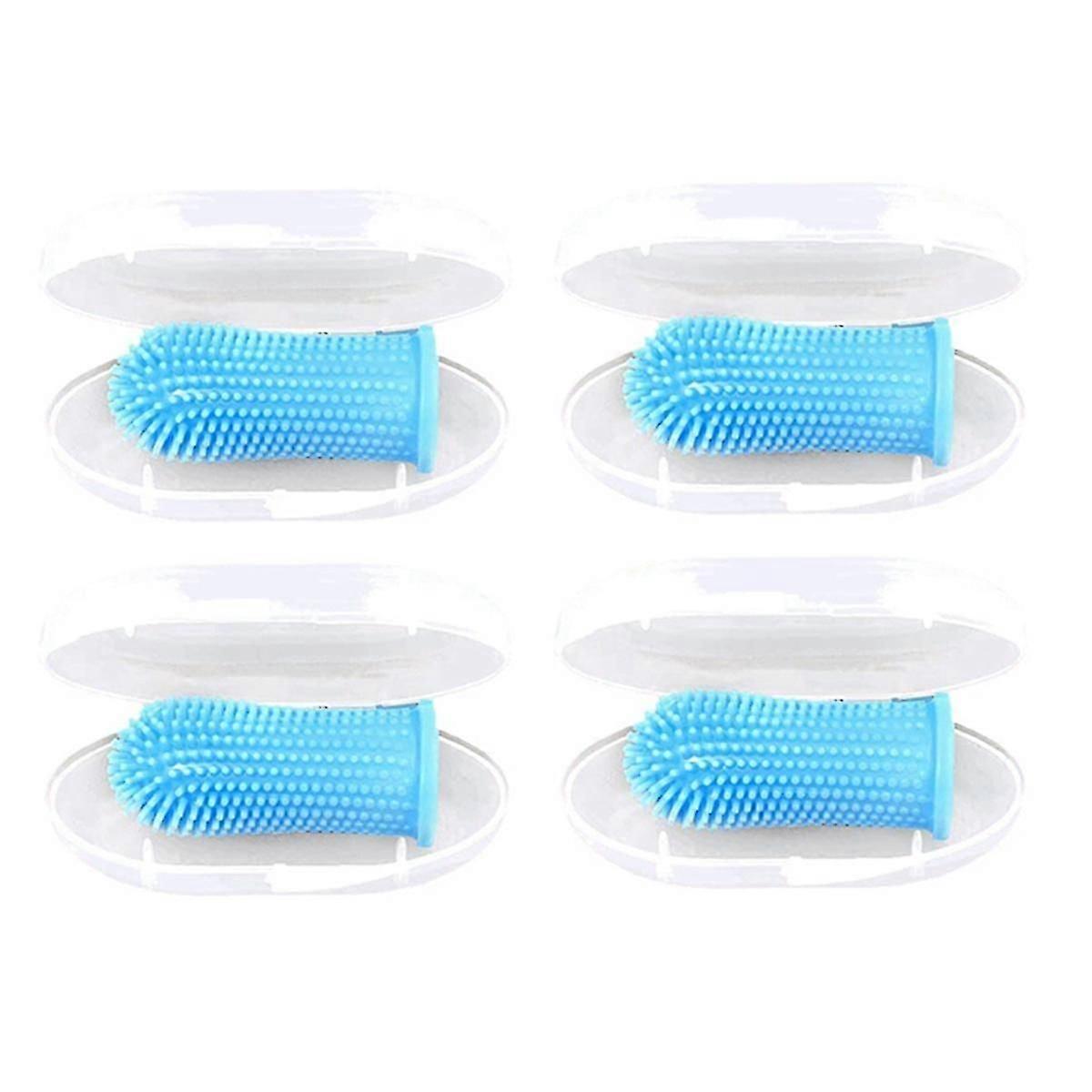 Brosse à dents pour chien, kit de brosse à dents à 360 doigts, design ergonomique, poils surround complets pour un nettoyage facile des dents, paquet de 4 bleus