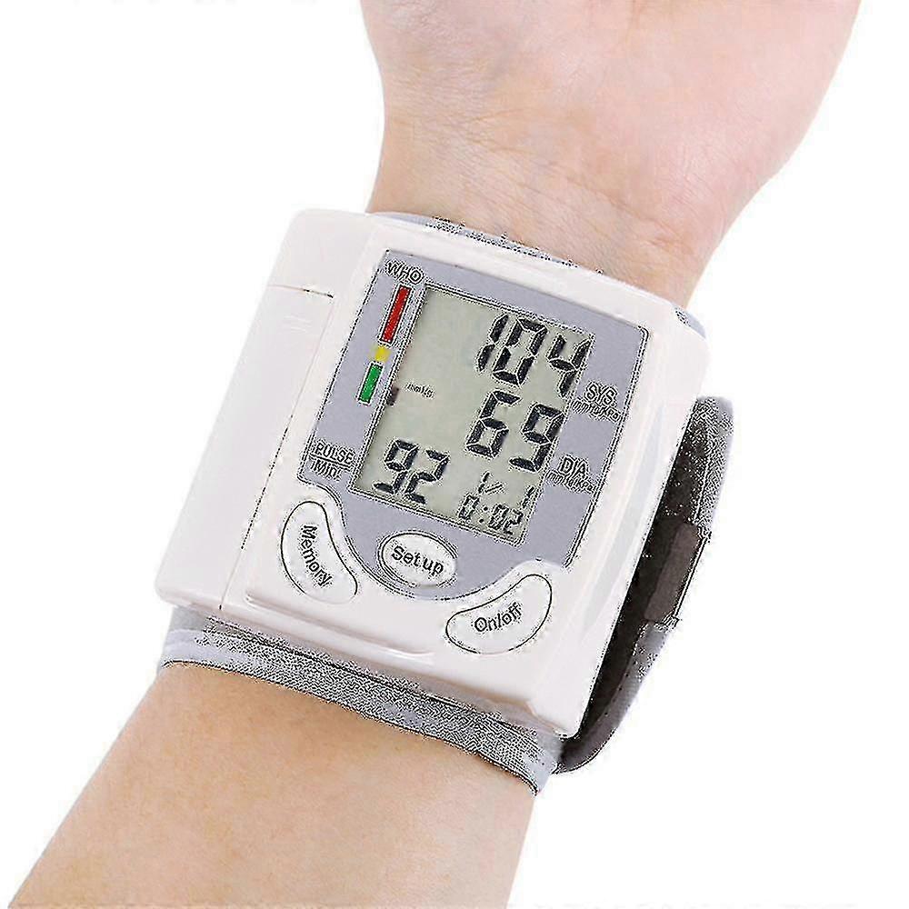 Digital Wrist Blood Pressure Monitor with Automatic Digital Pulse Measurement, LCD Display, and Adjustable Cuff Suitable for Various Users