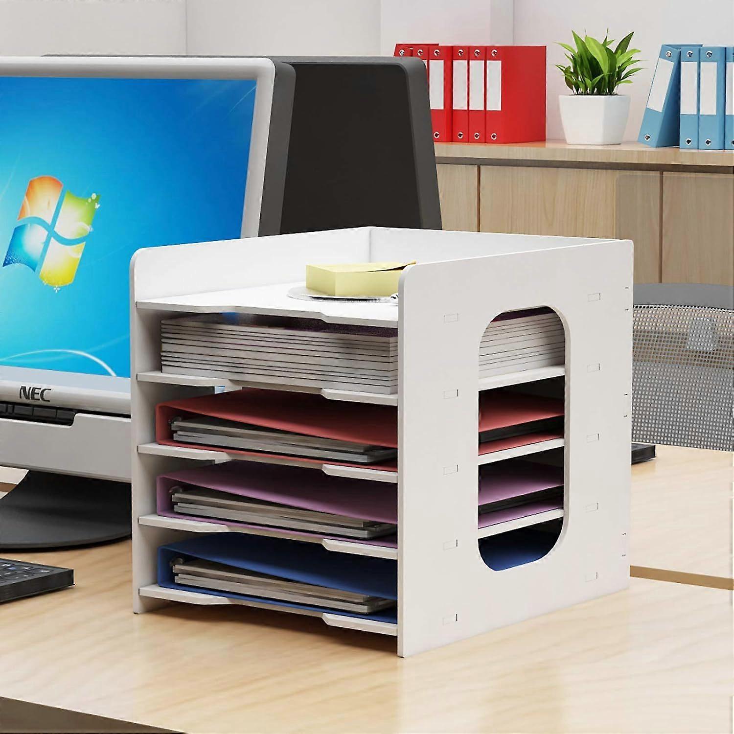 5 Tier Stockage PVC File Organizer A4 Vertical Documents White Storage Compartment Office Filing Trays Home and School