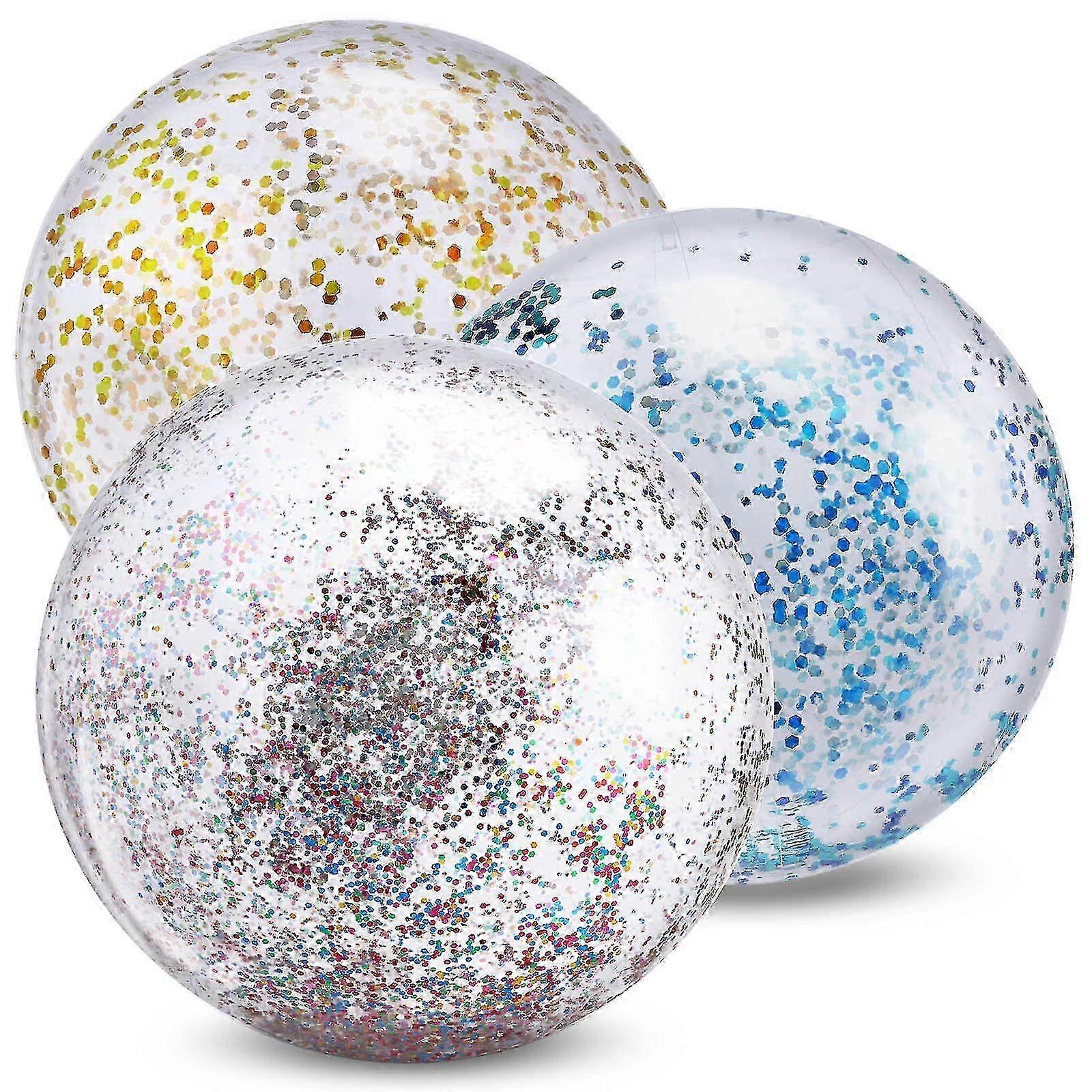 3 pieces of vibrant inflatable glitter beach balls designed for summer fun and outdoor play at the beach