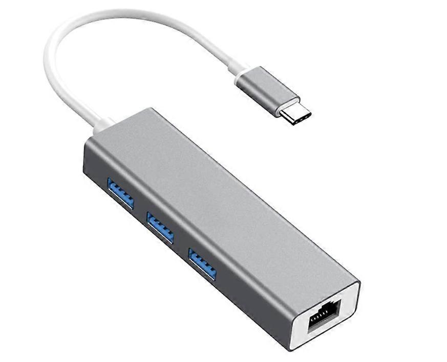 USB C to Ethernet Adapter Splitter, Type-C to RJ45 Gigabit Network Converter with USB 3.0 Hub 3 Ports, Gray