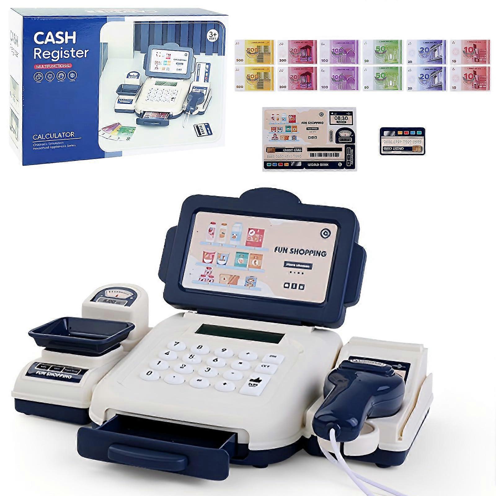 Cash Register With Scanner Card Reader Calculator For Kids Educational Toy Play Money Counterfeit Money Blue Age 3+