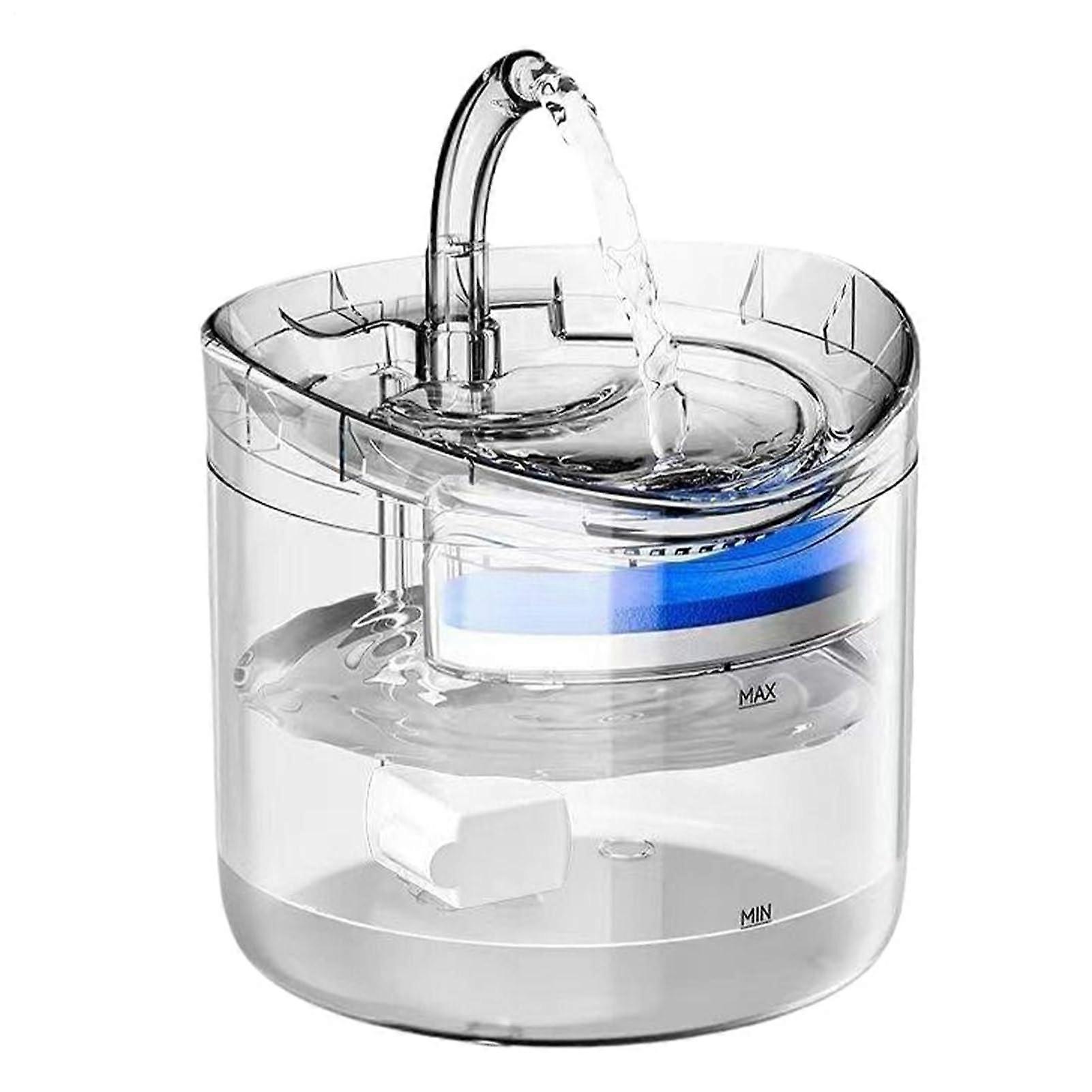 Pet fountain, smart dispenser, quiet operation, automatic water flow, clear 2liter tank, easy to assemble, clean, and refill.