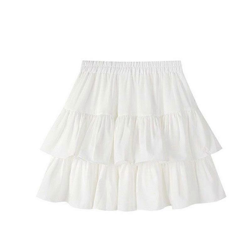 Summer,High Waist, A-Line Skirt,Pleated,White, Ruffle,Tiered,Sweet,Elastic Waist,Basic,Harajuku