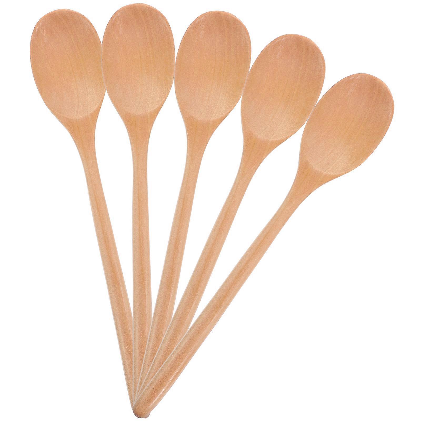 Wooden Spoons Set 5pcs Long Handle Mixing Eating Spoons Natural Safe Wood for Soup Dessert Family Friends