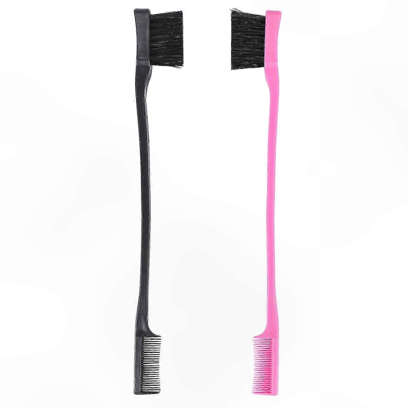 2-Pack Dual-Sided Hair Brush and Comb Set for Edge Control, Pink & Black