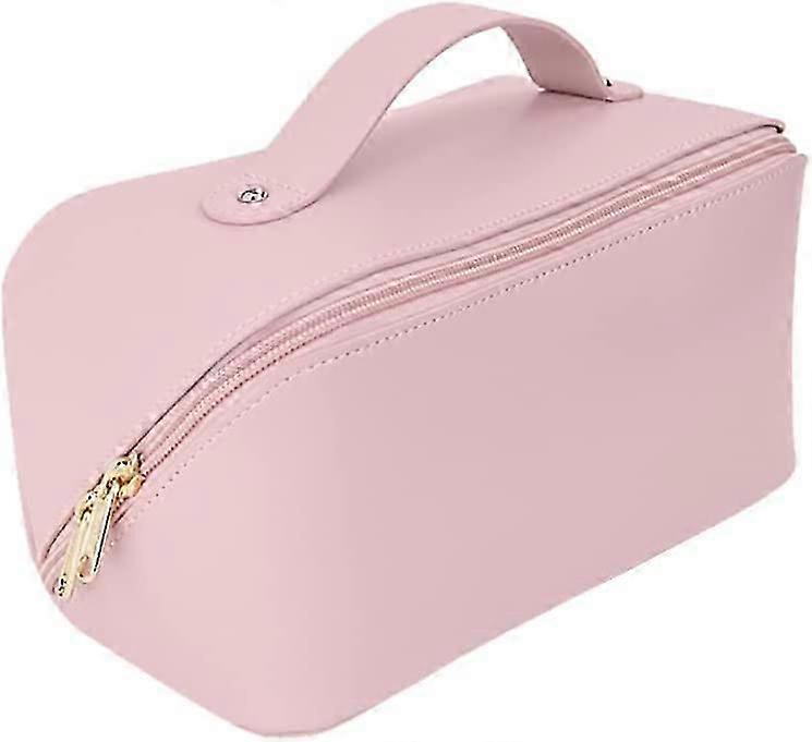حقيبة مكياج PU حقيبة مستحضرات تجميل نسائية ذات سعة كبيرة مع مقبض وفواصل منظم إكسسوارات مكياج السفر ، وردي