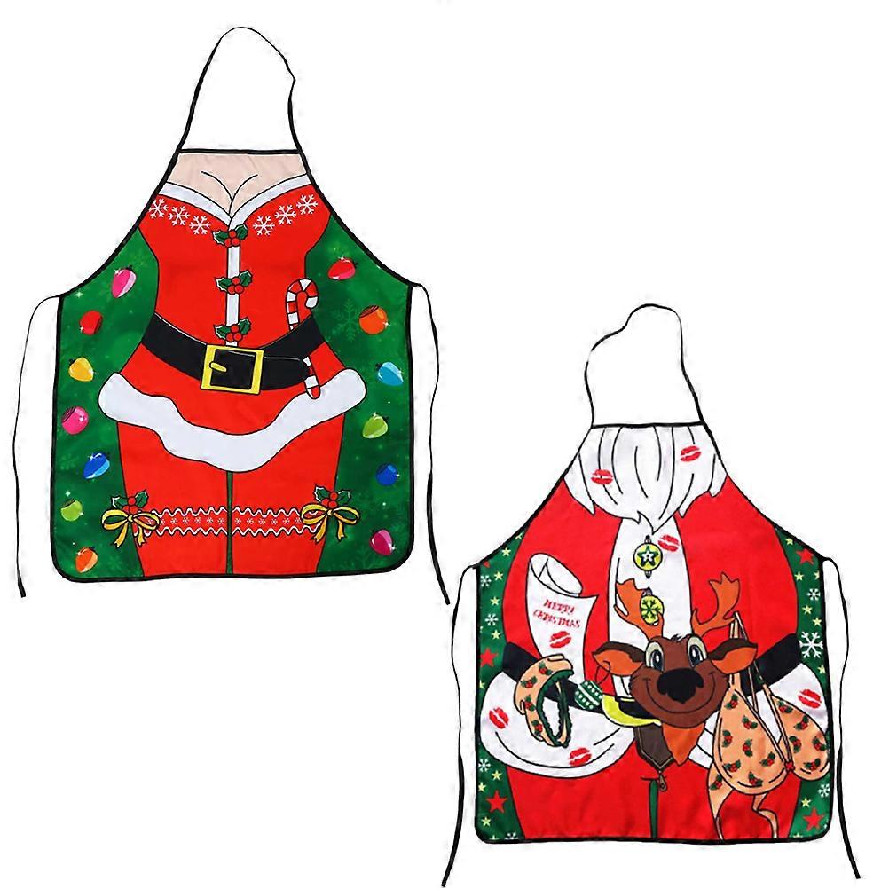 2Pcs Pinafore Aprons With Cartoon Prints For Men And Women Perfect For Christmas Cooking Events