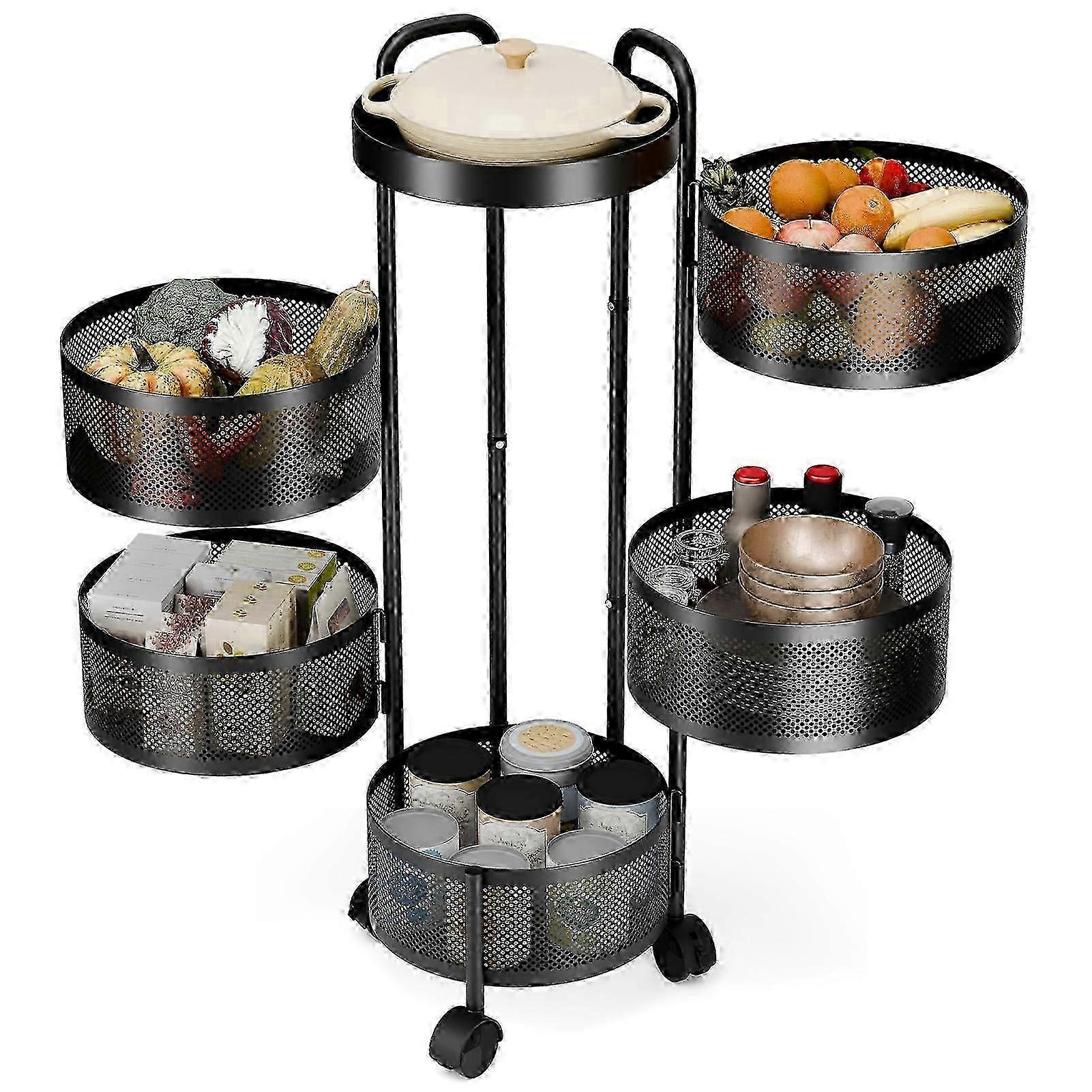 2025 5-Tier Rotating Kitchen Trolley with Wheels, Round Fruit Vegetable Basket Storage Rack