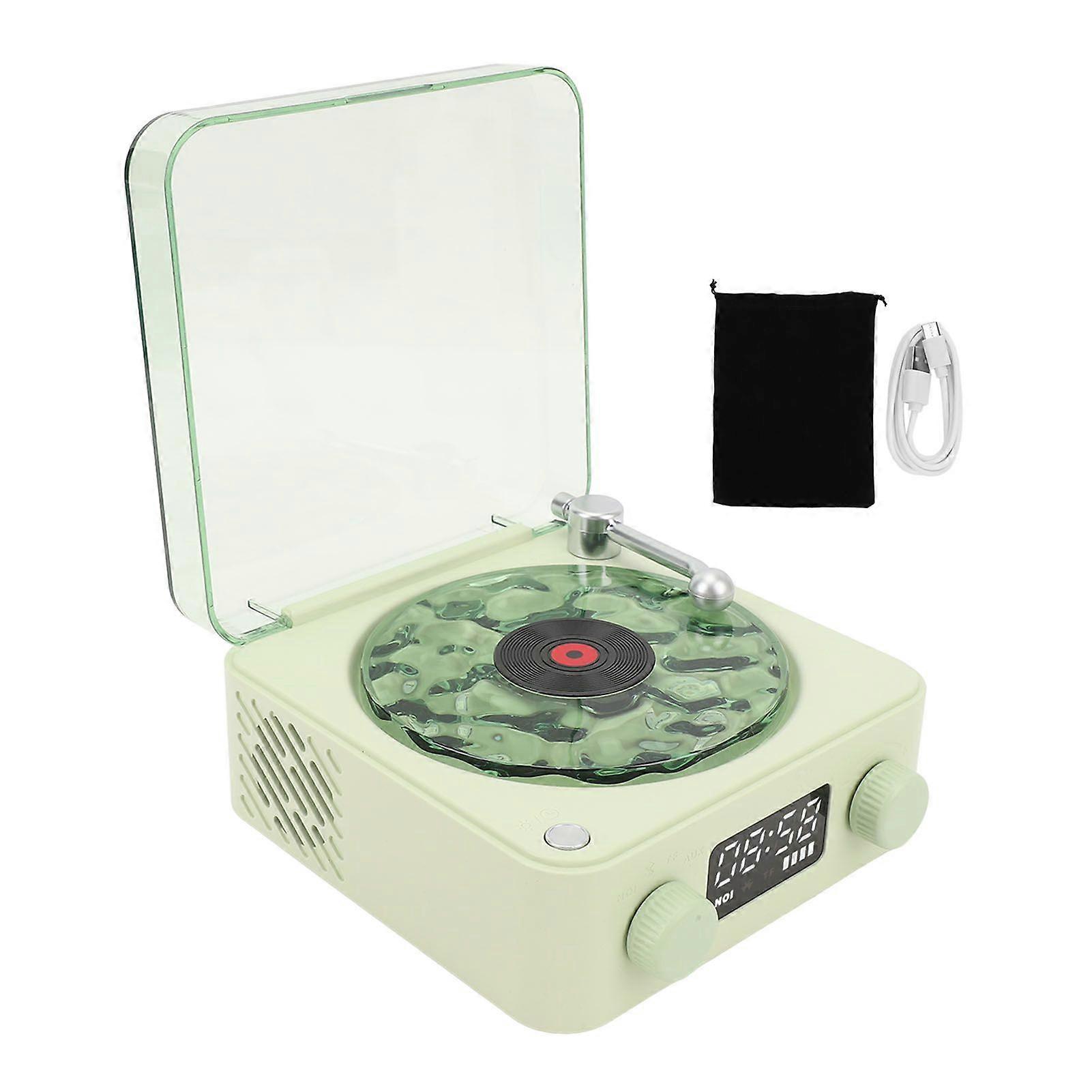 Vintage Record Player Bluetooth Speaker 4 Modes Portable Wireless Turntable Stereo Speaker with Clock and Soft Night Light for Home Bedroom Green