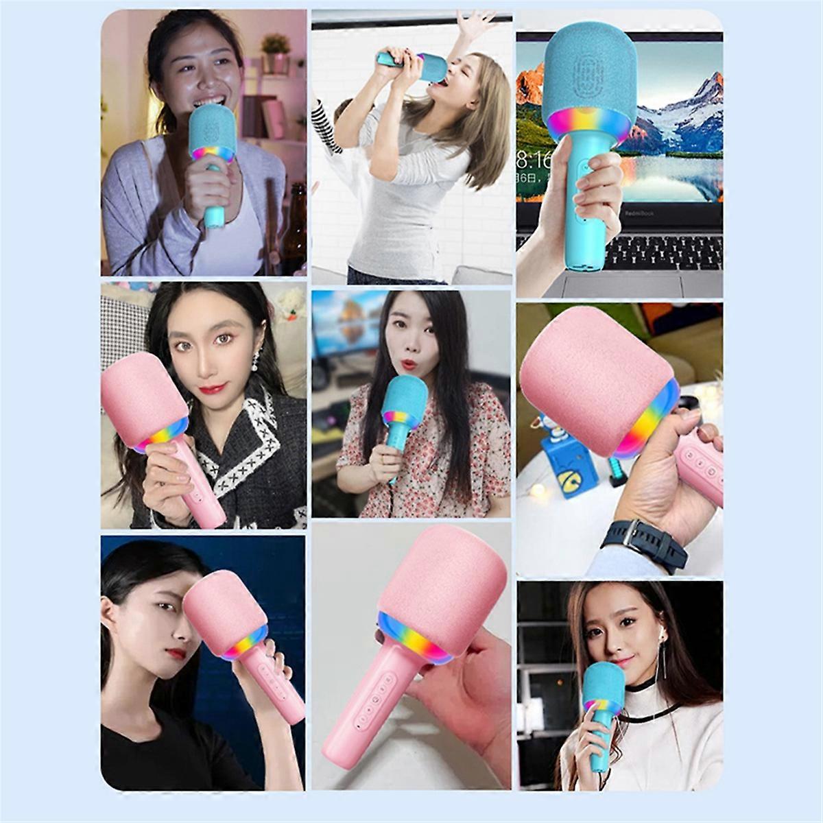 Portable Handheld Mic Built-in Speaker Noise Reduction LED Lights Wireless BT Microphone for Kids B