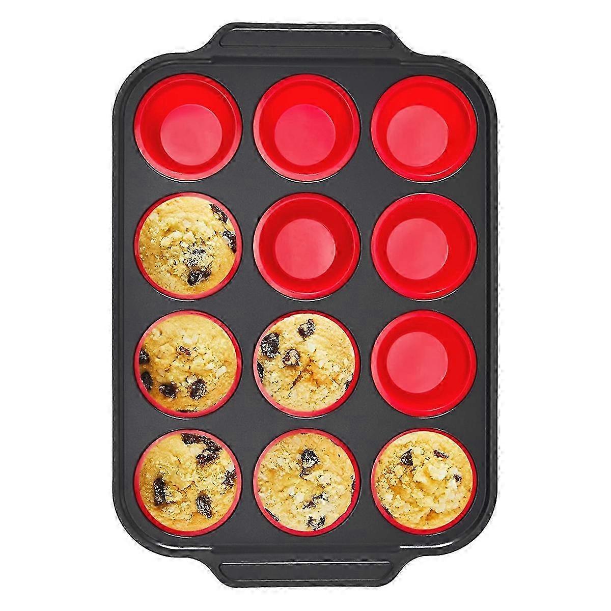 Silicone muffin pan for baking, 12 regular size with metal frame, red non-stick