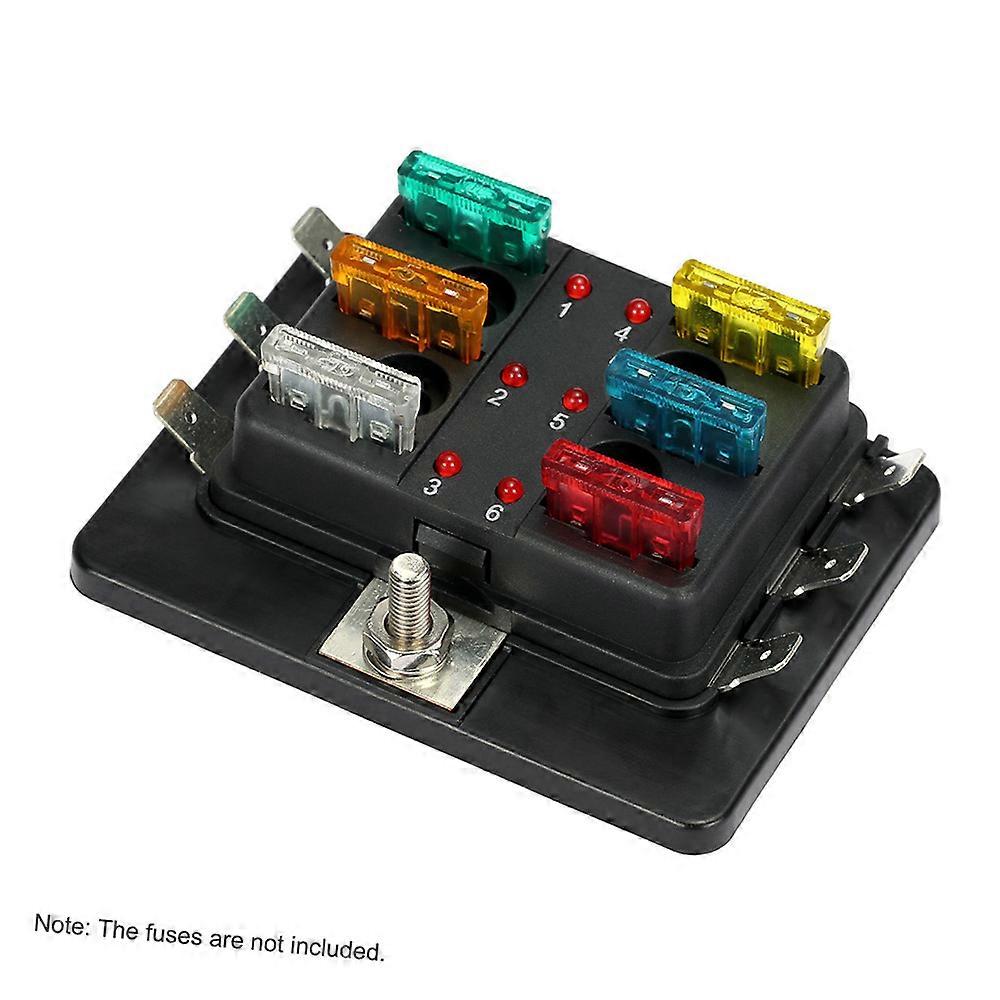 Fuse box holder for car with LED warning light - 6 way blade type for 12V 24V vehicles