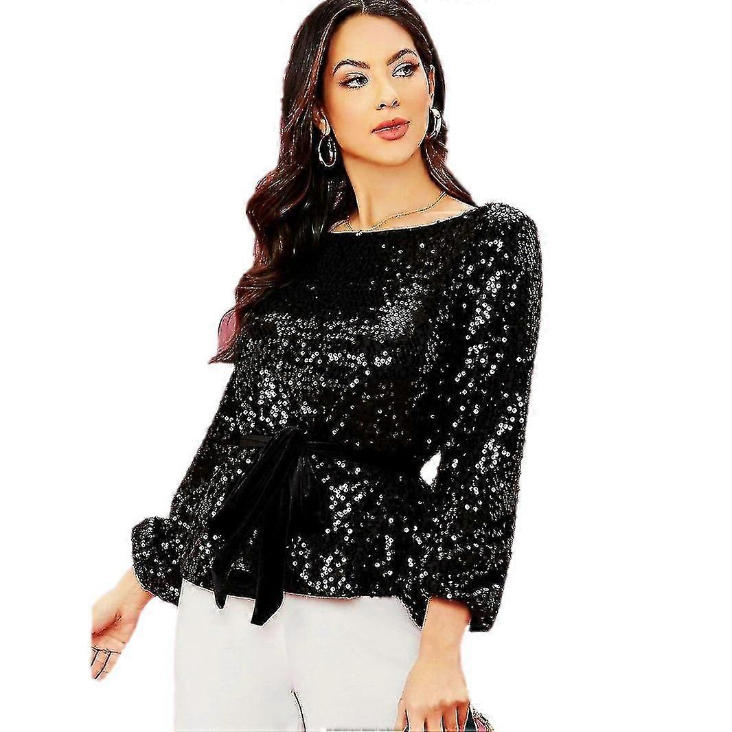 Dámské třpytivé flitrované topy, třpytivé třpytivé košile s dlouhým rukávem_yyc