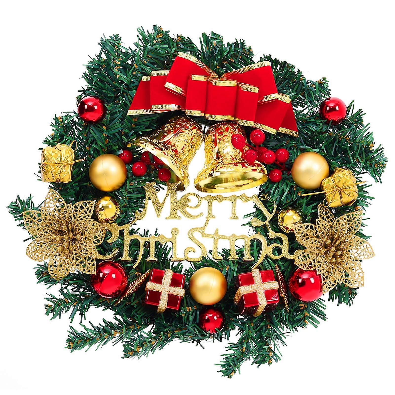 Artificial Christmas Wreath 30cm with Red Bow and Gold Bell for Front Door Wall Windows Fireplace
