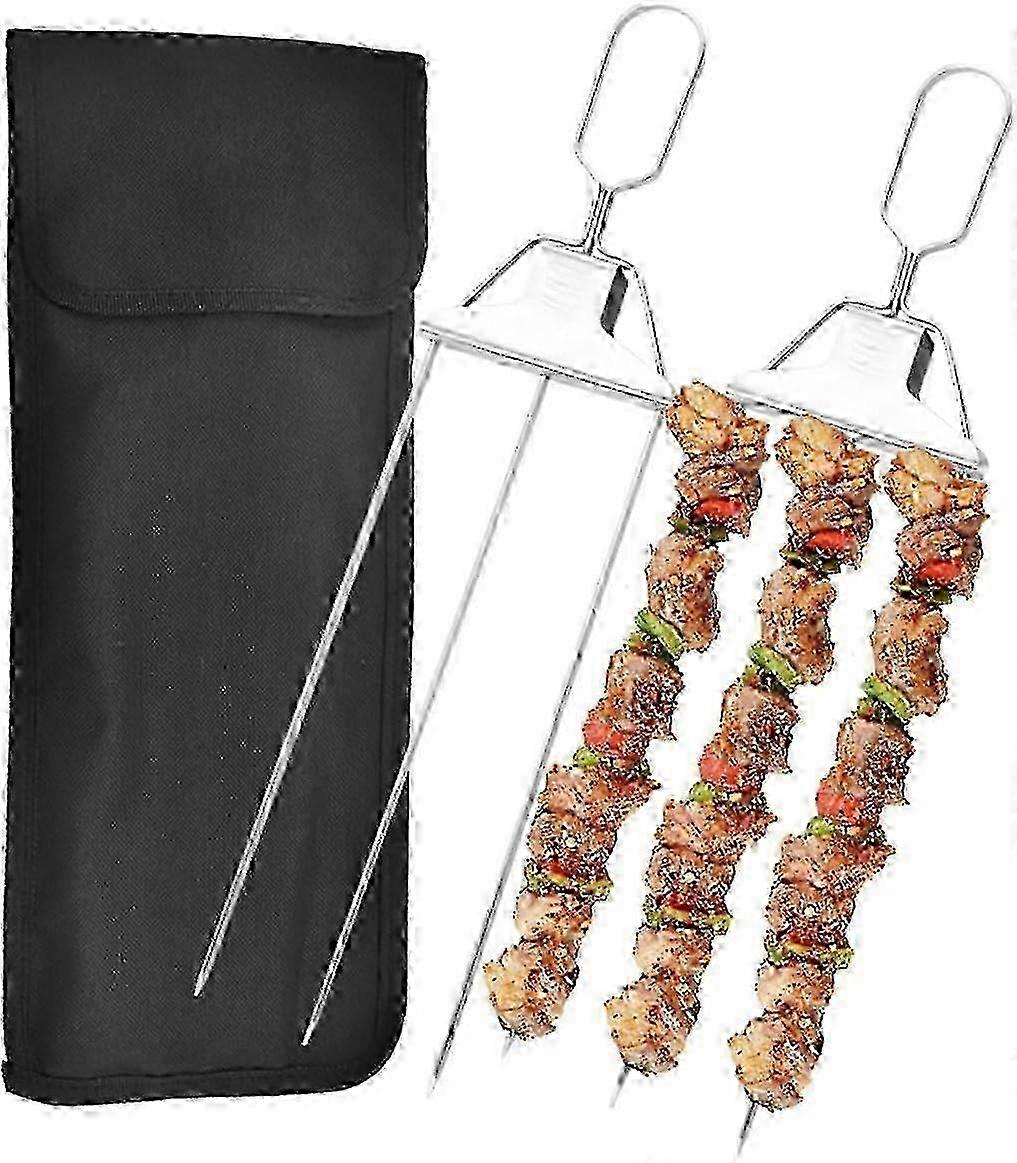 3 Way Grill Skewers, 3 Prong Stainless Steel Skewers For Grilling, Metal Grill Skewers Semi-automatic Grill Fork With Push Bar Slider