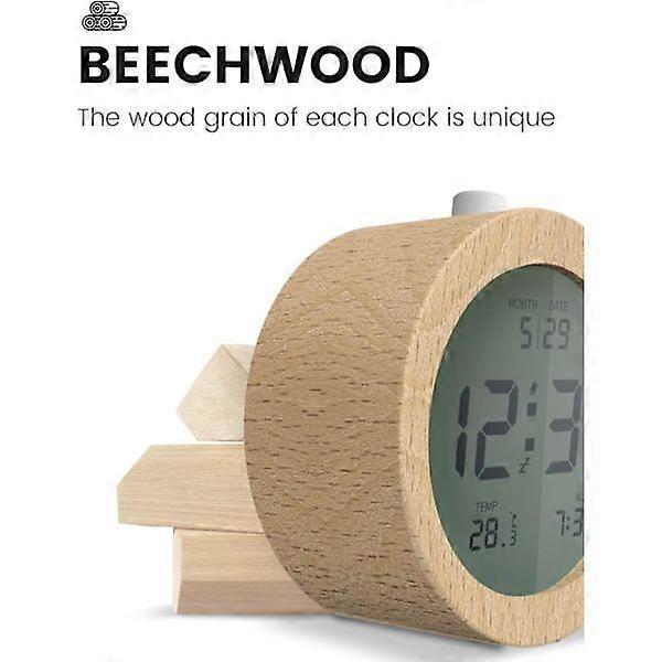 Digital Alarm Clock, Wooden Alarm Clock Bedside Table with LCD Backlight, Temperature Display, 3 AAA Battery Operated Clock Battery NOT INCLUDED