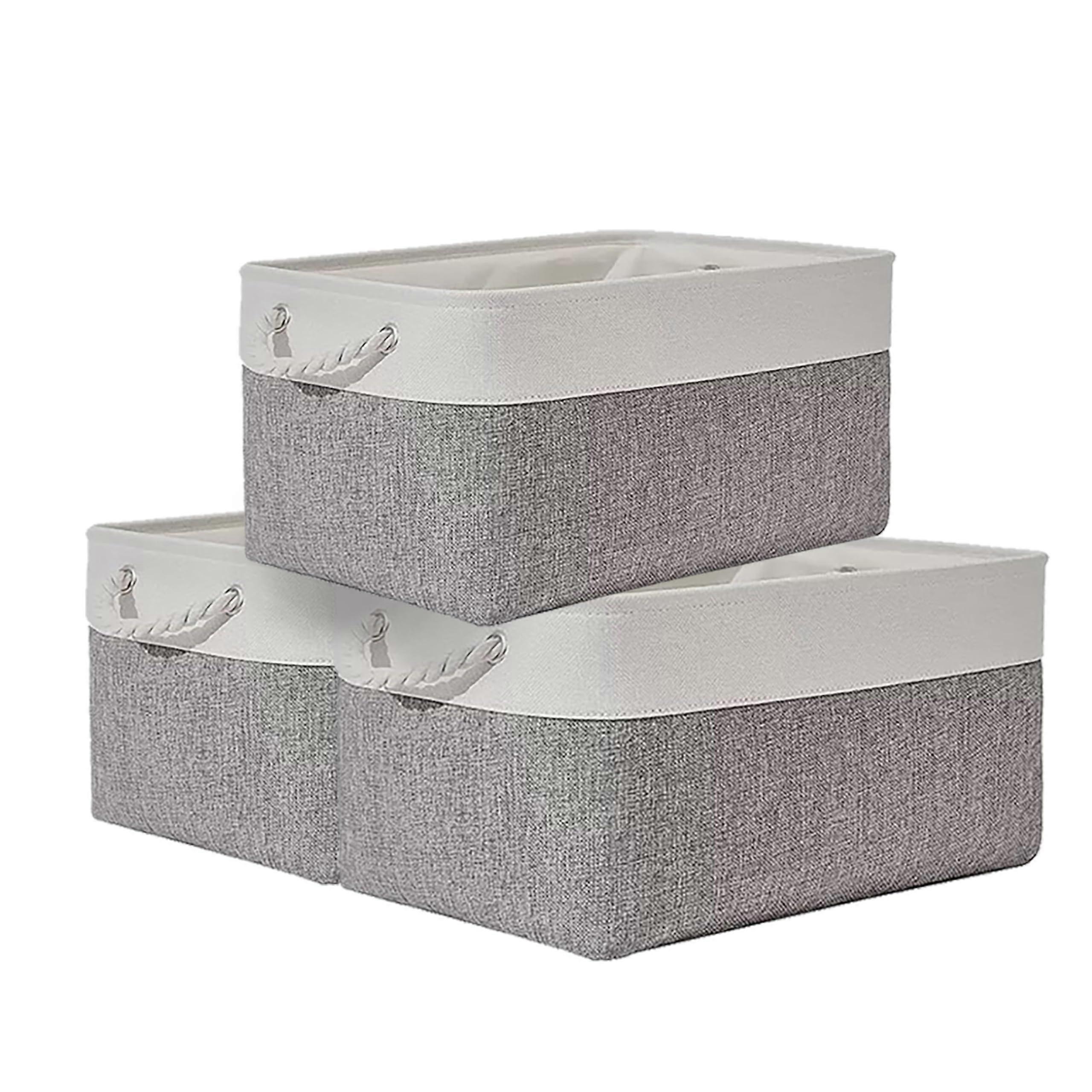 Large Fabric Storage Baskets with Handles, Collapsible Closet Organizer Bins Set, Gray Off White 3pc