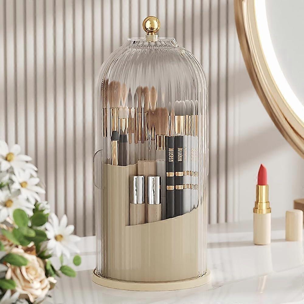 Makeup Brush Holder with Lid 360° Rotating Organizer Dustproof Waterproof ThreeCompartment Design
