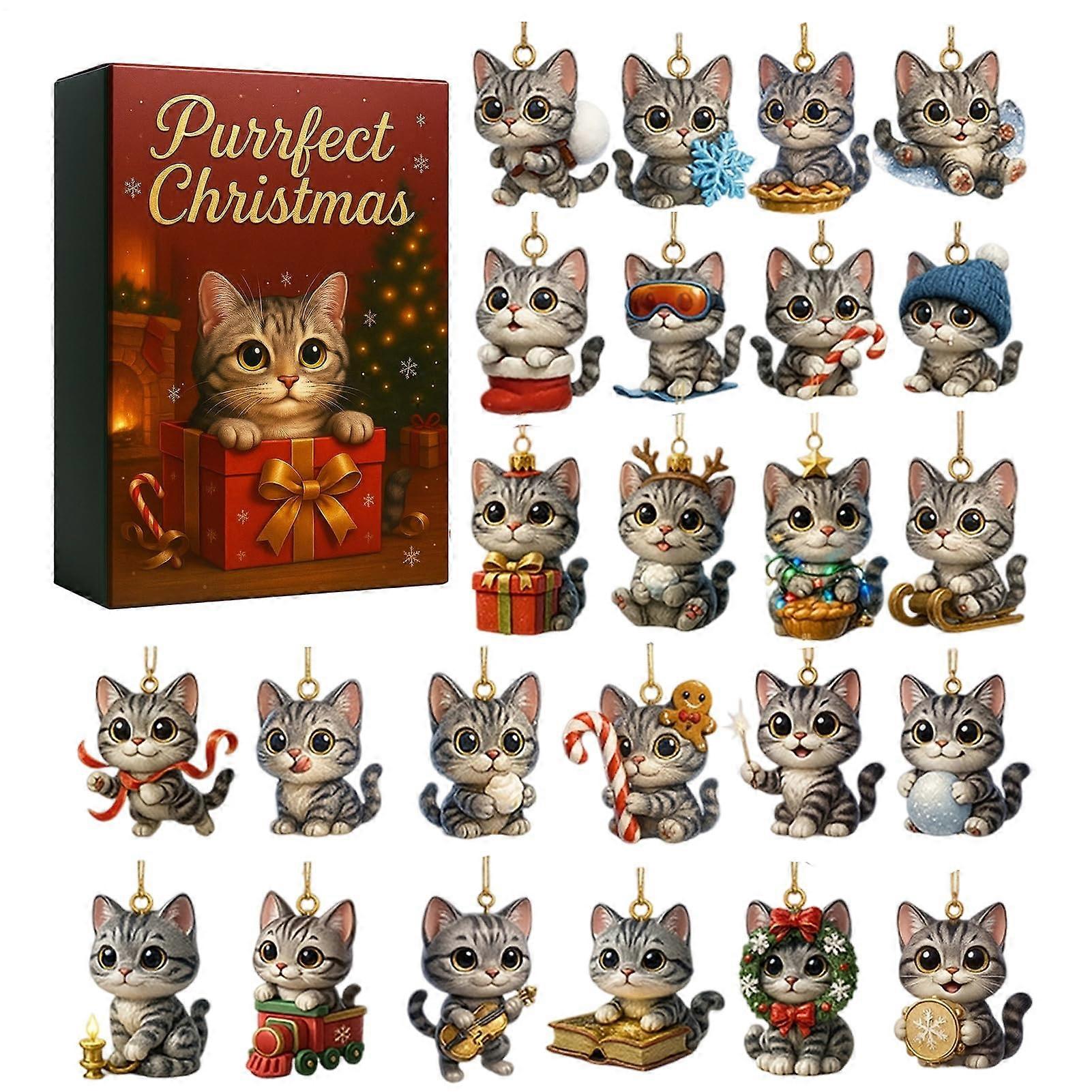 Christmas Advent Calendar for Cat Lovers, 24 Days Solid Acrylic Countdown with Cute Cat Ornaments