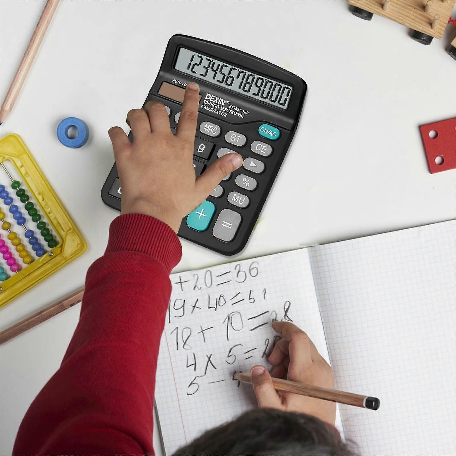 Summercome 12-Digit LCD Desk Calculator, Big Buttons, Dual Power (Battery/Solar), Black