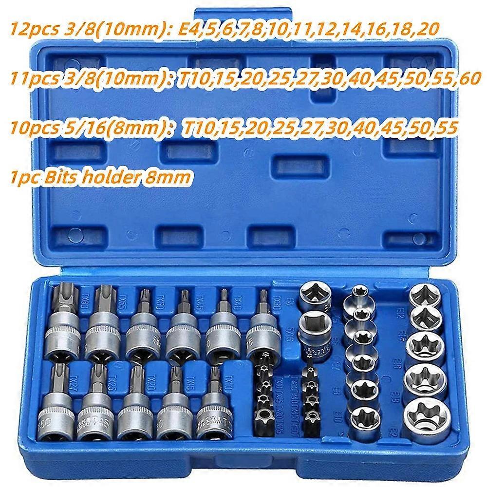 34pcs Torx Bit Socket and E-Torx Star Socket Set 1/4" 3/8" 1/2" Drive Male Female E-torx Security Bits Handheld Tool