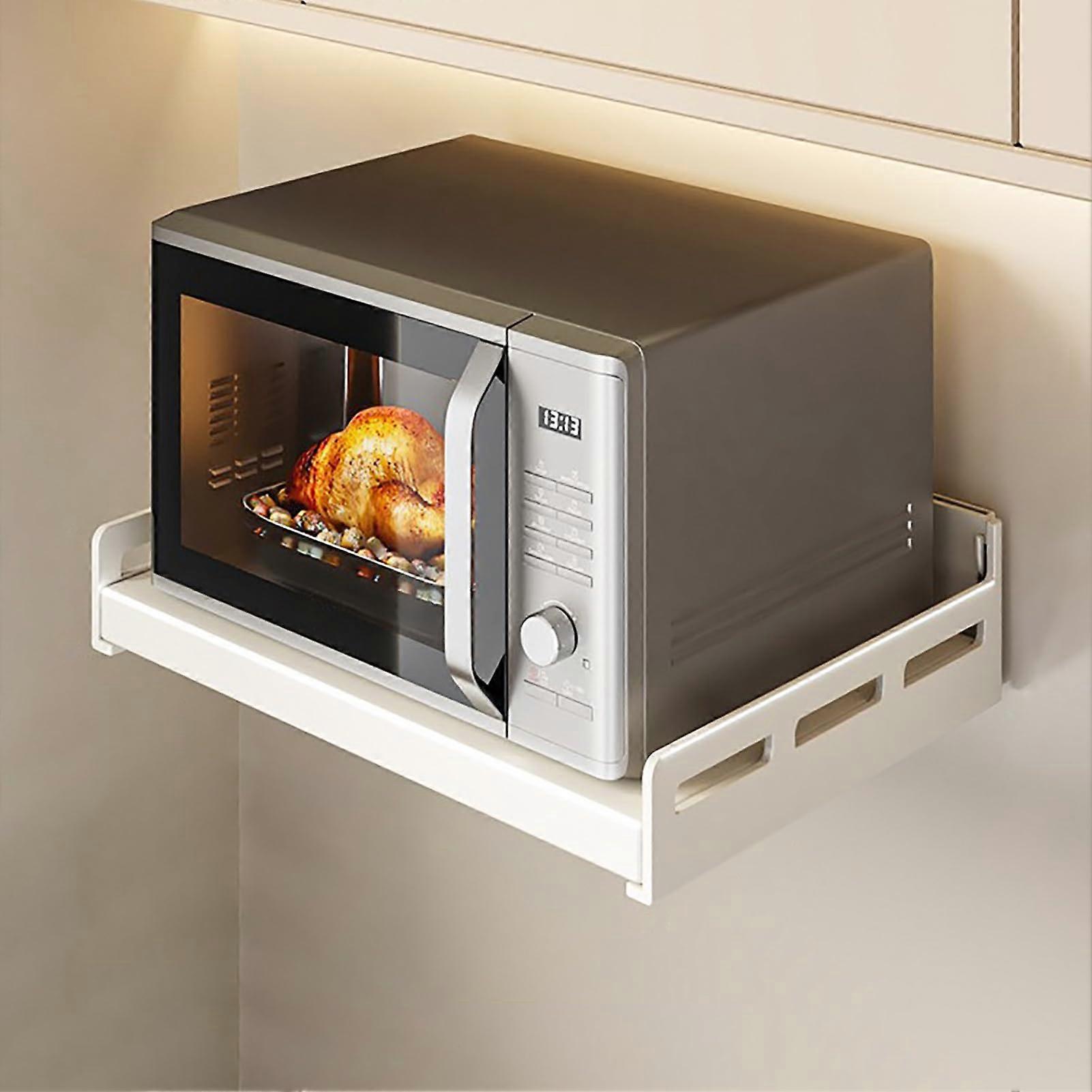 Microwave Wall Mount Shelf, Adjustable Carbon Steel Kitchen Rack with Hooks, 50cm White