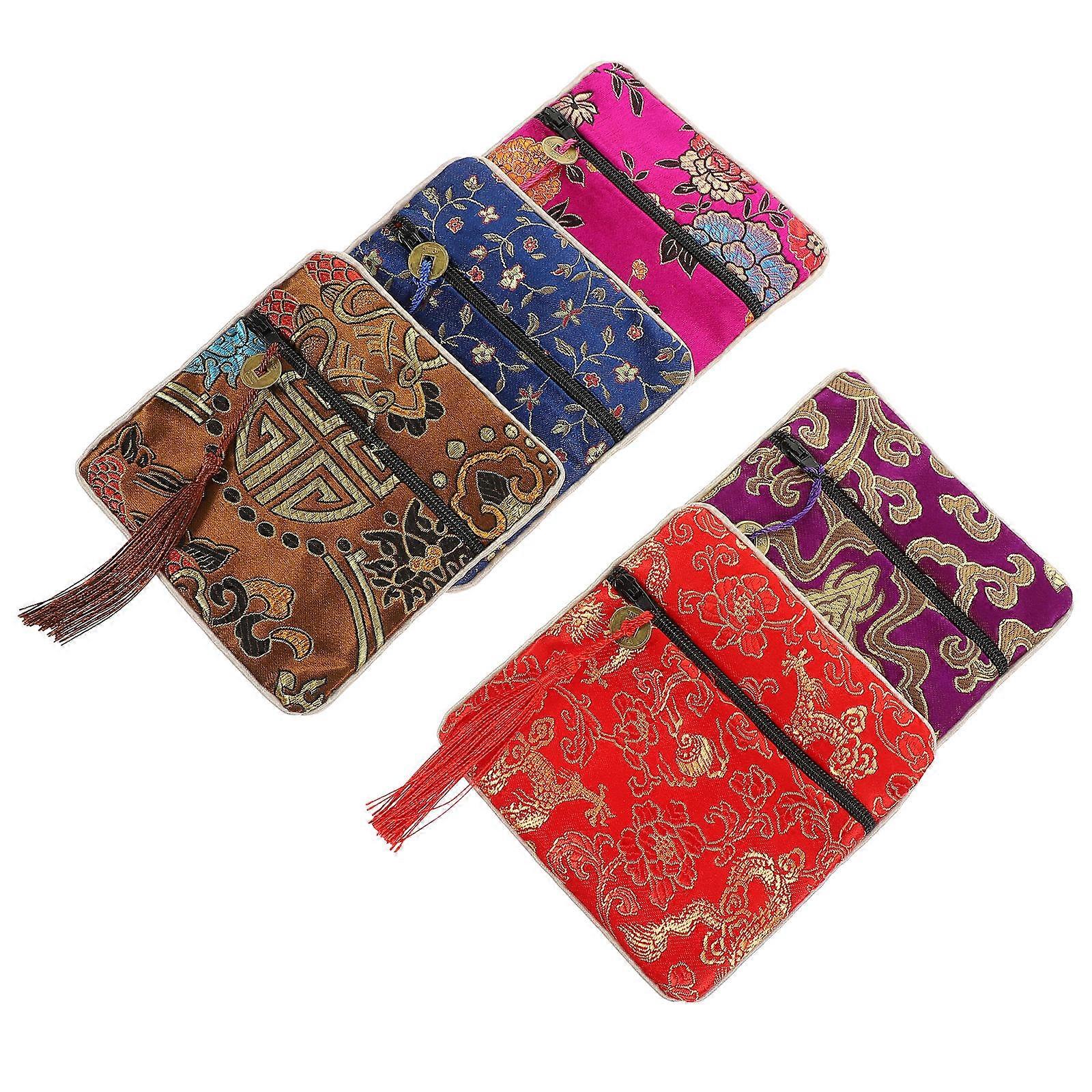 Brocade Drawstring Coin Bag for Storage Use 5Pcs Fabric Pouch Assorted Color