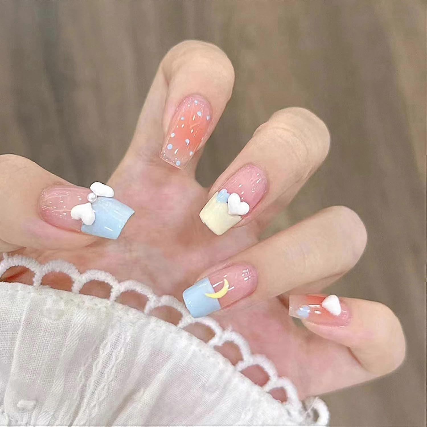 Medium Coffin Press On Nails with Heart Moon French Tips, Reusable Glue On Nails Kit