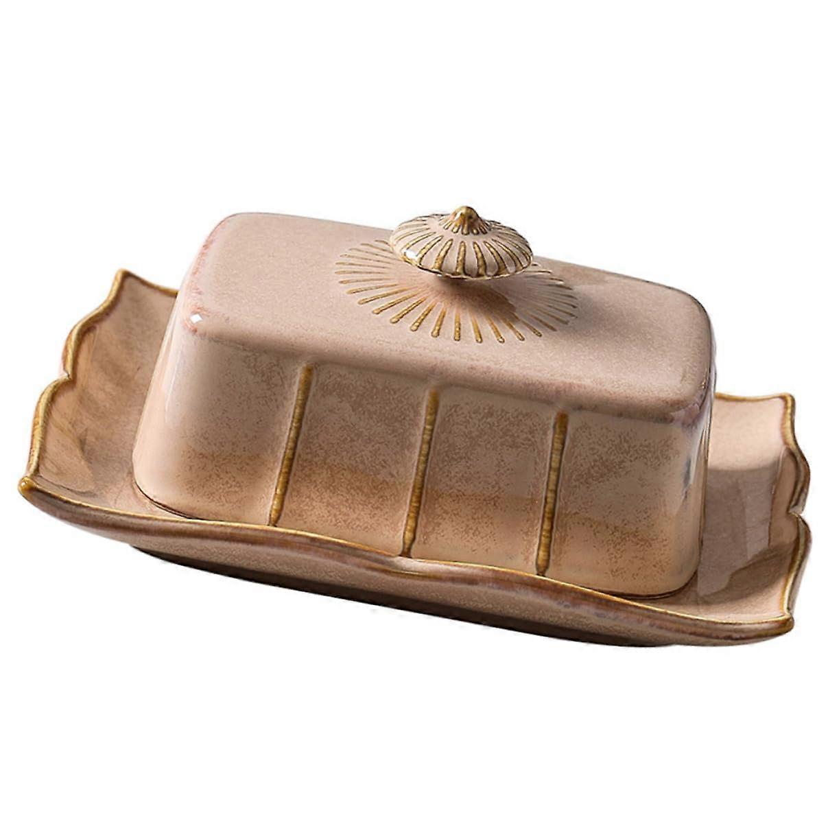 Ceramic Butter Dish with Lid, Easy Clean Microwave Safe Rectangular Keeper for Kitchen and Dining in Khaki
