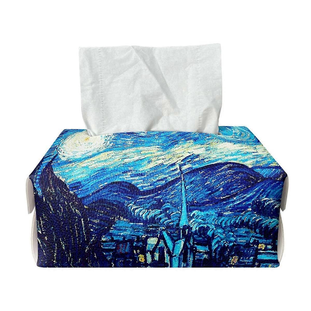 Van Gogh Starry Night Tissue Box Cover, PU Leather Rectangular Holder for Home Car Bathroom Decor