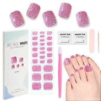 Pink Glitter Semi Cured Gel Toe Nail Strips 26pcs, Salon Quality Waterproof Gel Pedicure Kit with Tools