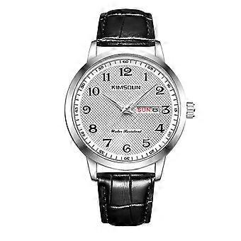 Kimsoun Silver Dial Black Leather Strap Water Resistant Watch with Day and Date Display