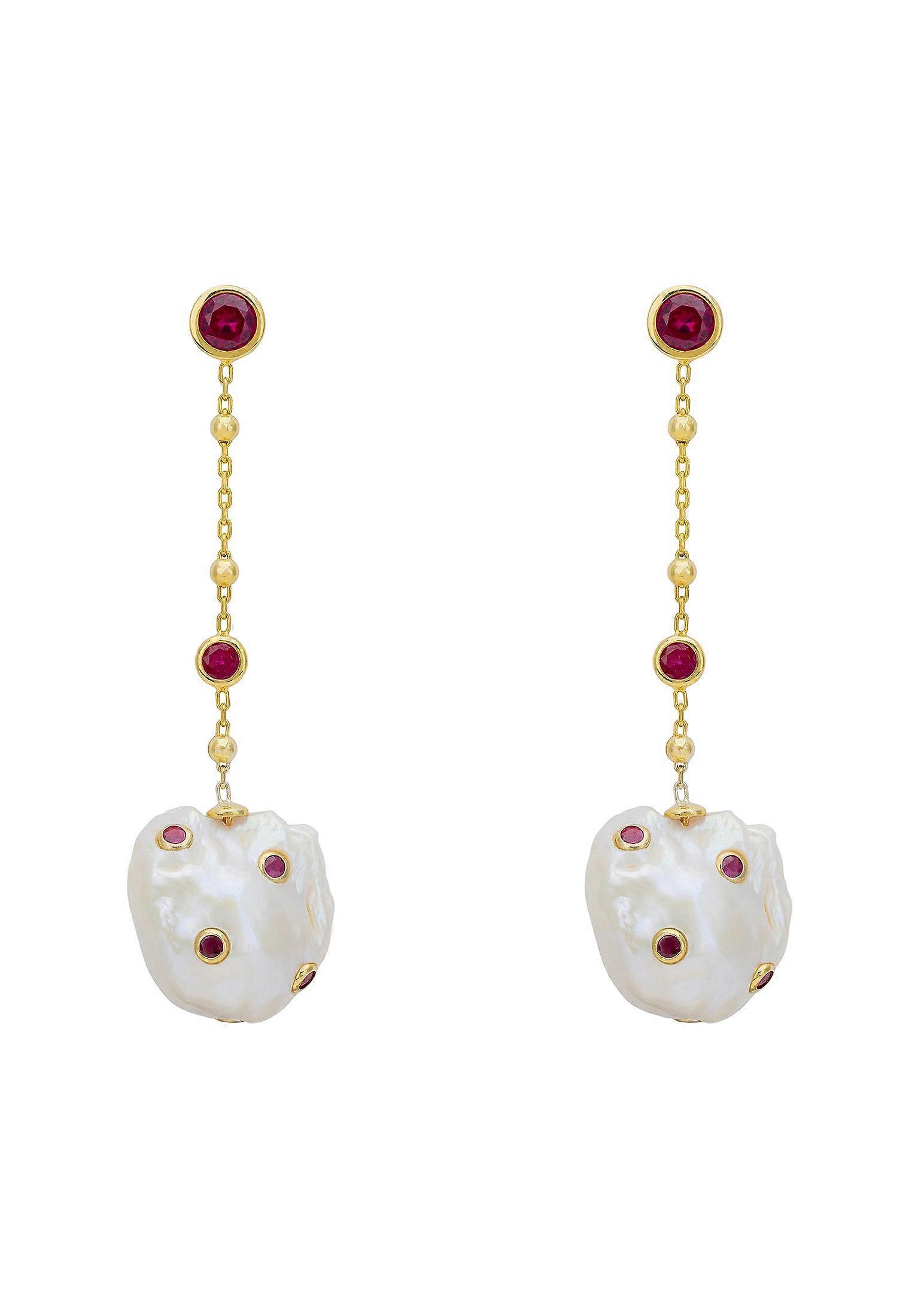 Polka Dot Baroque Pearl Chain Drop Earrings Gold Ruby