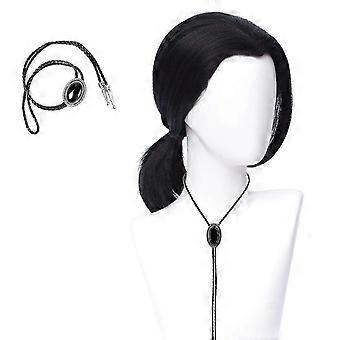Mens 70s hippie Short Straight Black Vincent Vega Costume Wig with Widows Peak + 1 Bolo Tie Black