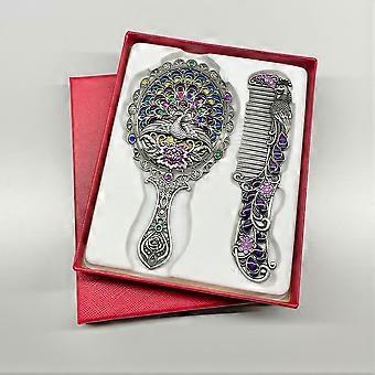 Creative Retro Peacock Spreading Feather Small Mirror Handle Metal Makeup Mirror Portable Mirror and Comb Set