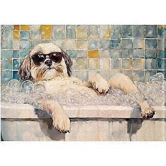 Quebra-cabeça Shih Tzu tomando banho de espuma - Shih Tzu na banheira do banheiro - Quebra-cabeça decorativo para chuveiro de animais de estimação SQZ773