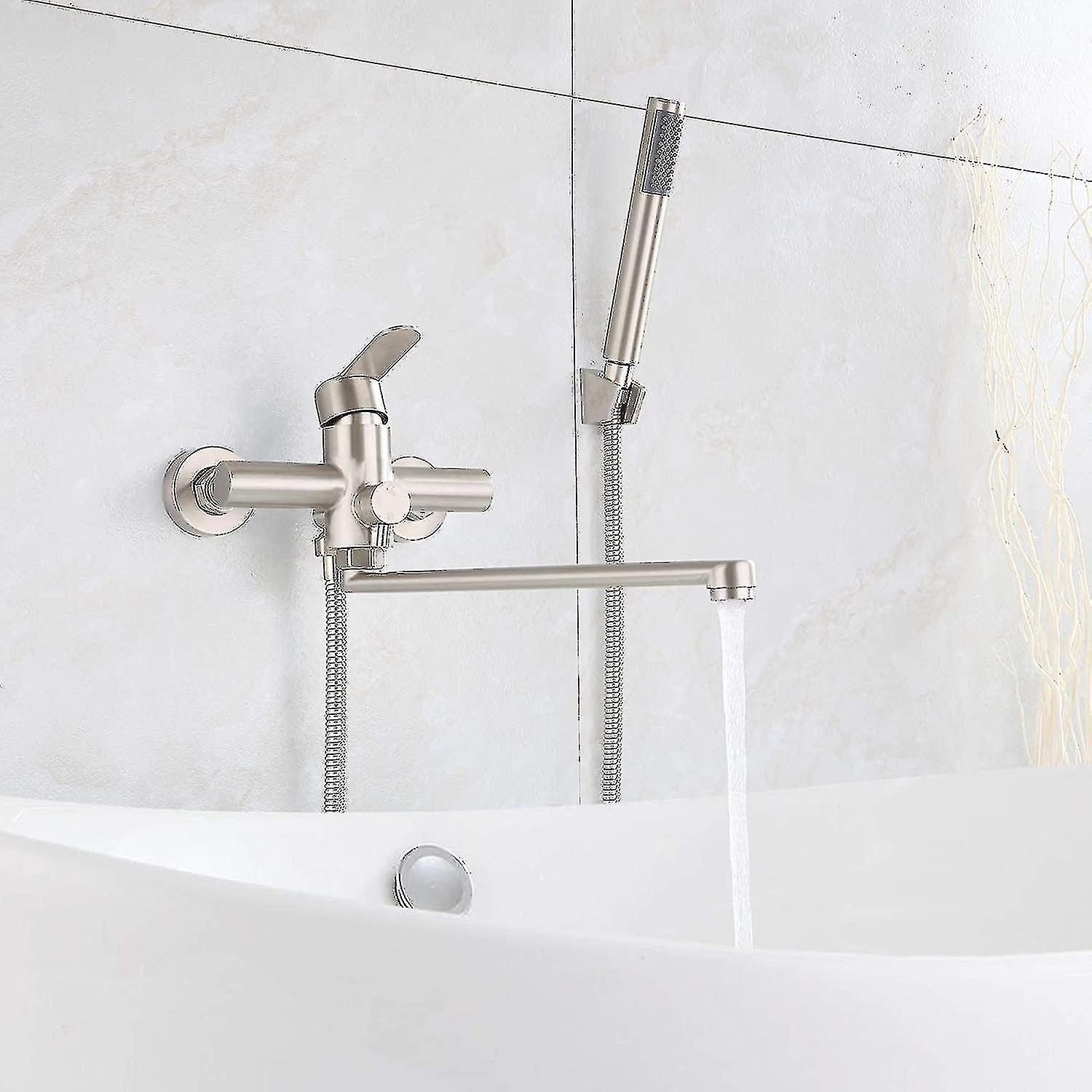 Bathtub mixer, bathtub faucet with hand shower round single handle wall mounted brushed stainless st