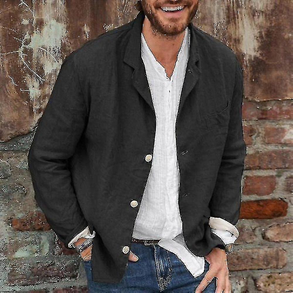 Mens Cotton Linen Casual Suit Coat Lapel Button-down Jacket
