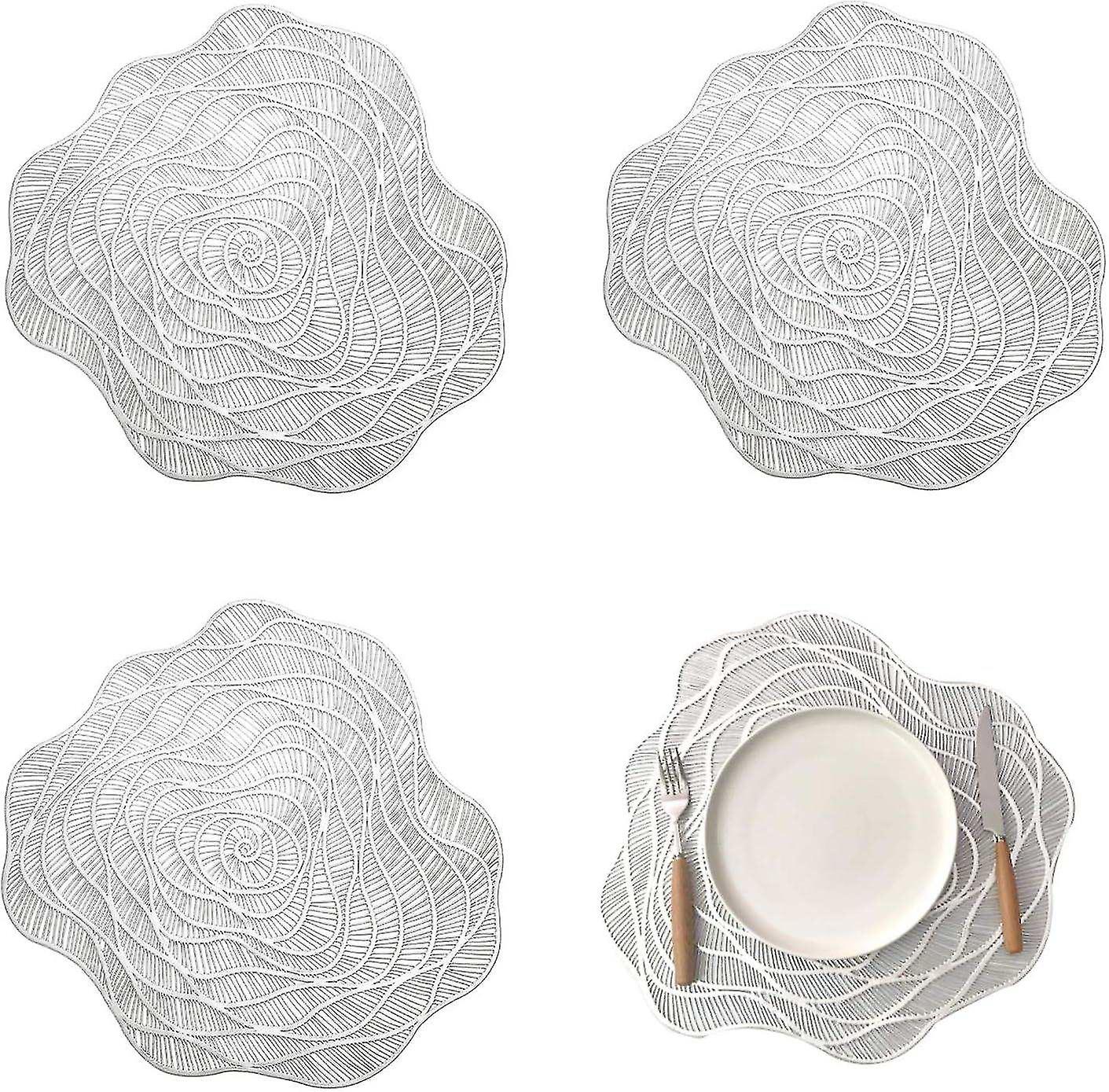 Set of 4 heat resistant non-slip washable PVC placemats Rose pattern Silver （Without knives, forks a