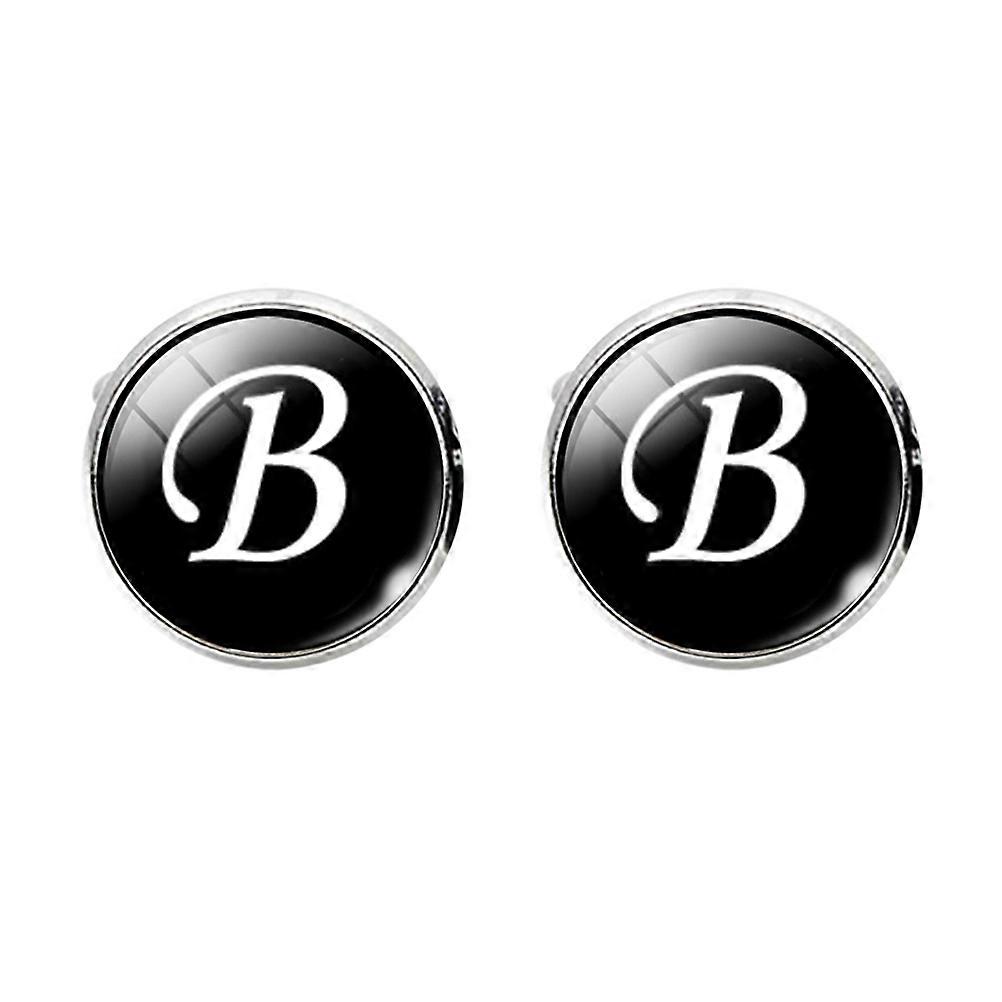 Glass Cuff-Link Sleeve Button Round English Letter Sleeve Button All-Match Decorative Collar Sleeves Button for Man (B Letter Pattern)