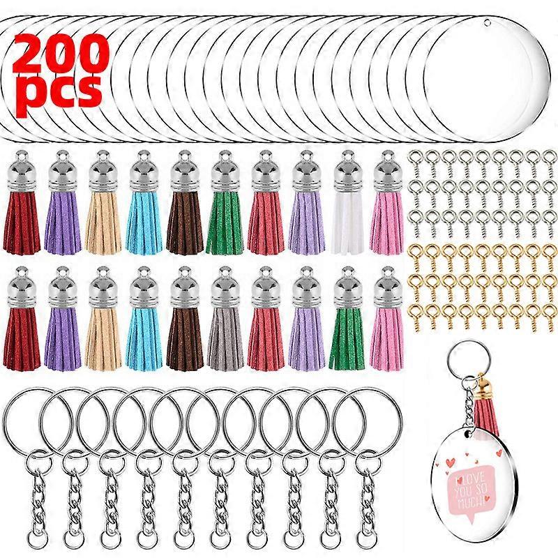 200pcs Acrylic Keychain Blank Set Polished Edges Metal DIY Keychain Blanks with Coloured Tassels Eye Screws