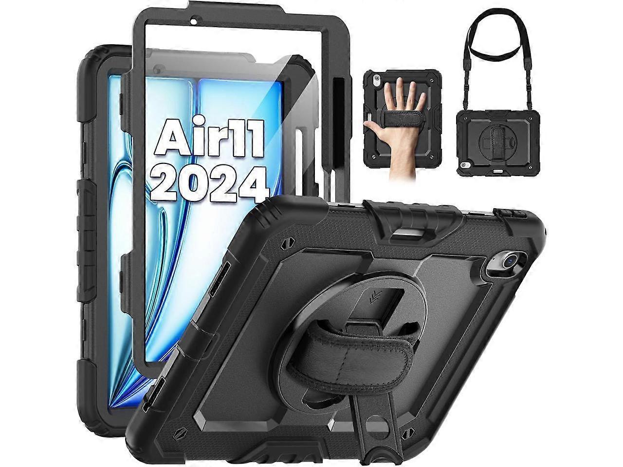 Case for iPad Air 11 inch 6th Generation M2 2024, Heavy Duty Shockproof Protective Cover with Screen Protector, Stand and Hand/Shoulder Strap for iPad