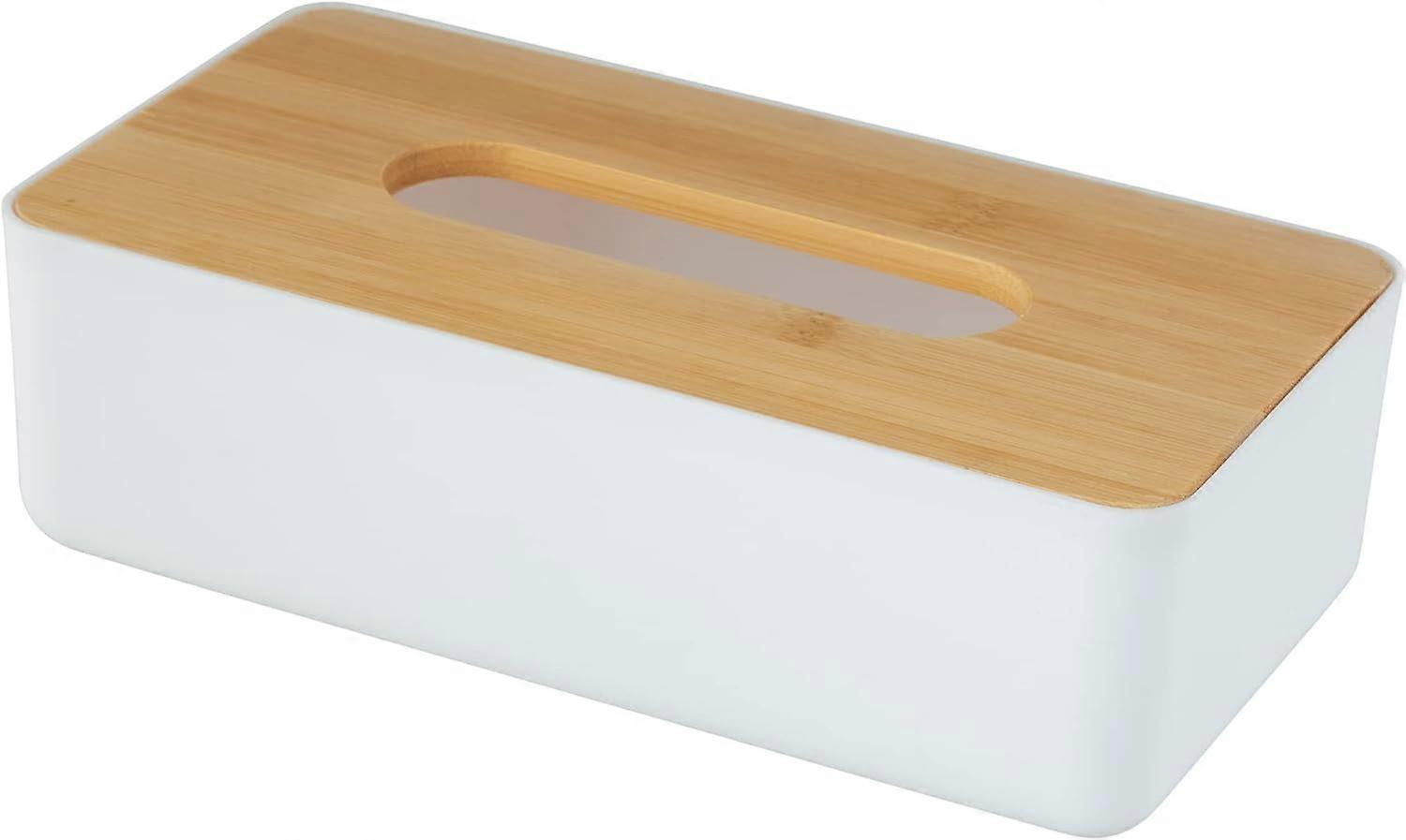 cosmetic tissue box, box for cosmetic tissues or handkerchiefs, plastic tissue box with bamboo lid, easy to remove, 24 x 7.5 x 12.7 cm, white/nature