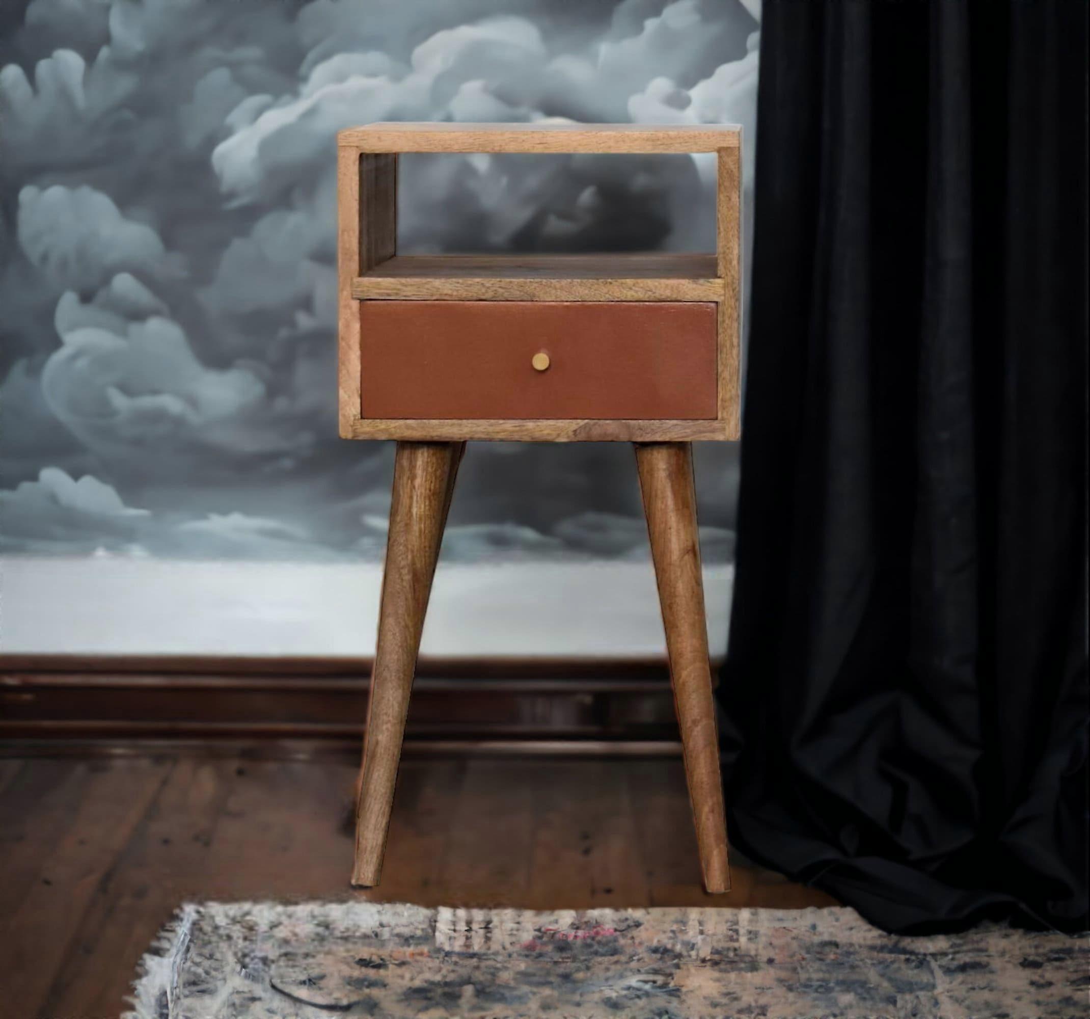 Small Square Bedside Table In Oak With Brick Red Drawer