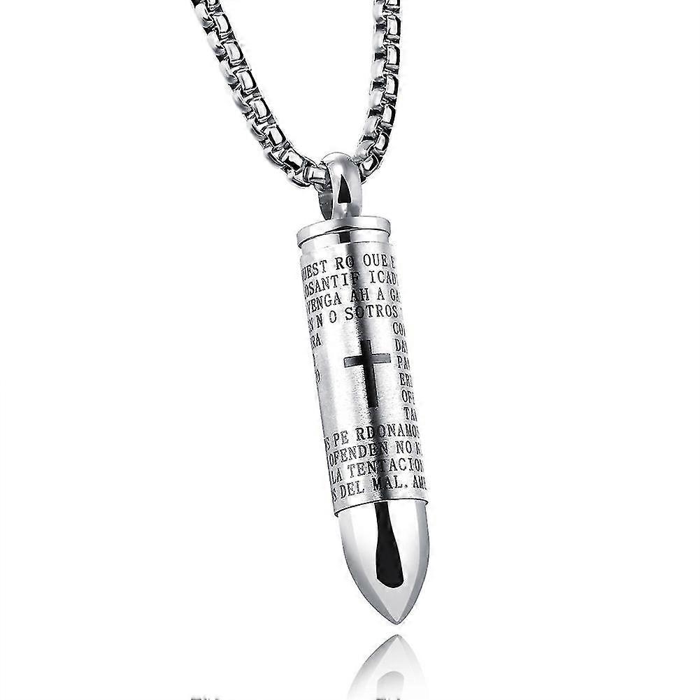 Men English Lord Prayer Bible Stainless Steel Cross Bullet Pendant