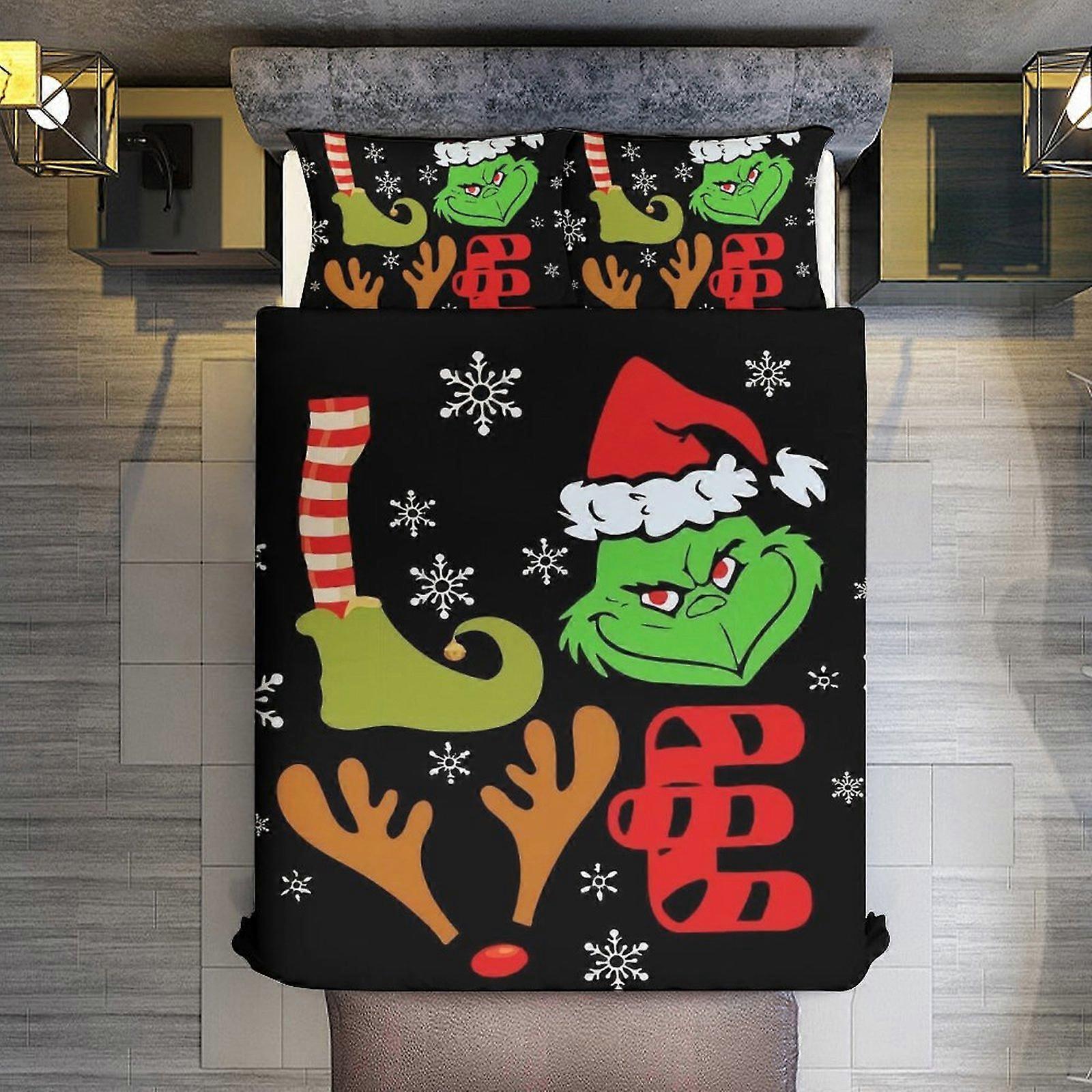 v3690 Lençóis de Cama Feliz Natal Grinch Love 3 Peças Conjunto de Capa de Edredom Tamanho Completo Super Macio Resistente ao Desbotamento Microfibra 1 Capa com Zíper e 