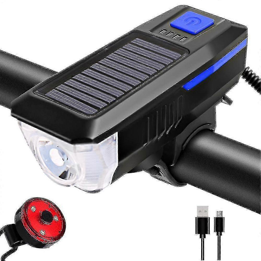 2023 New Bike Light Set And Horn Solar Powered Usb Rechargeable Bicycle Headlight Taillight Combinations Fro