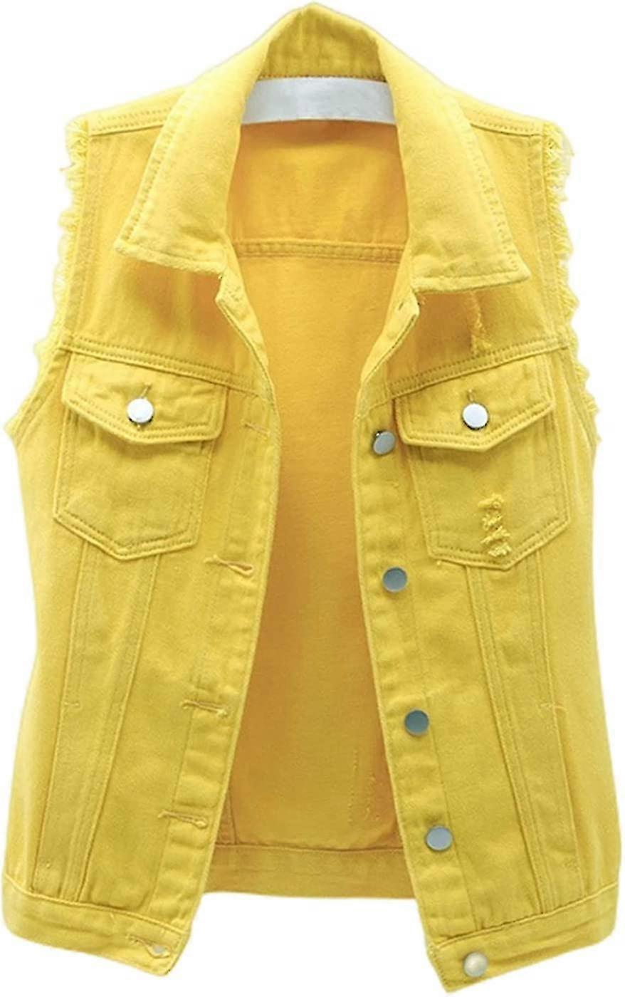 Dam Crop Denim Vest Jacket Ärmlös Button Down Riven Casual Västjacka