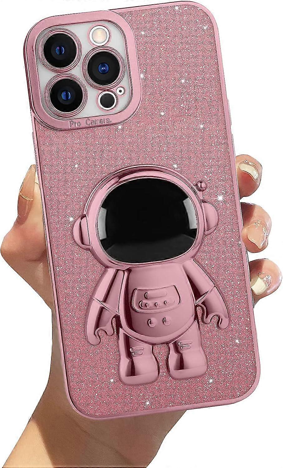 Compatível com iPhone 12 Pro Max Case 6D Astronaut Hidden Stand Bling Glitter Phone Case Cover para iPhone 12 Pro Max 6.7 Polegadas (Rosa)